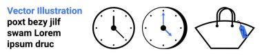 İki stilize analog saat mavi etiketli bir minimalist çantanın yanında farklı zamanlarda görünür. Dakiklik, zaman yönetimi, alışveriş, markalaşma, moda, programlama ve perakende kavramları için ideal. Düz