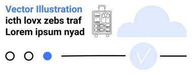 Bulut simgesi, organize eşyalar içeren bavul, soyut metin. Seyahat uygulamaları, paketleme listesi, bulut depolama, minimum tasarım, teknik arayüzler organizasyon kullanıcı deneyimi için ideal. İniş sayfası