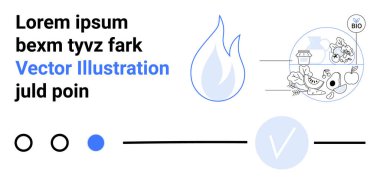 Ateş simgesi, yer tutucu metin, yatay çizgiler ve meyve ve sebzeli biyo-temalı grafik. Çevre, sürdürülebilirlik, doğal ürünler, biyografi, sertifikalar için ideal