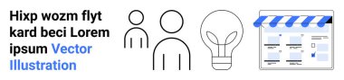 Çizgili tentenin altında iki kişinin çizgi simgeleri, ampul ve web tasarımı. Web tasarımı, takım işbirliği, yenilik, e-ticaret, pazarlama, beyin fırtınası ve konsept için ideal