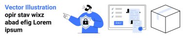 Korunmayı sembolize eden bir rozet, düğmeli ödeme makbuzu ve küp karton kutu. Siber güvenlik, güvenli ödemeler, e-ticaret, işlemler, nakliyat, veri gizliliği soyut hattı için ideal