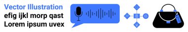 Konuşma balonunda mikrofon kaydı, dijital ağ şeması, fiyat etiketli el çantası. Teknoloji, iletişim, alışveriş, ses teknolojisi, ecommerce markalaşma modası için ideal. Düz iniş