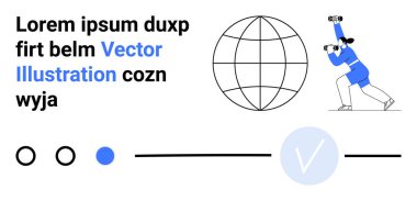 Mavi kıyafetli bir figür dürbün, dünya çizgisi ve yer tutucu metin elemanlarına bakıyor. Keşif için ideal, küresel arama, teknoloji, iş, seyrüsefer pazarlama. İniş sayfası