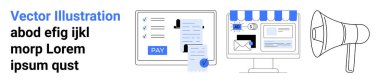 Ekranda ödeme işlemleri, çevrimiçi mağaza önü, e-posta pazarlama ve terfi için megafon. E-ticaret, finans, reklamcılık, teknoloji, dijital araçlar iş pazarlama stratejileri için ideal