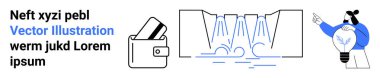 Kartlı cüzdan, şelale, vektör illüstrasyonunu vurgulayan metni işaret eden kadın. Finans, doğa, yön, organizasyon, yaratıcılık minimalizmi modern tasarım için idealdir. İniş sayfası
