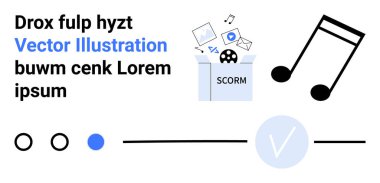 SCORM kutusu multimedya dosyaları, büyük müzik nota simgesi, tamamlama işaretleme simgesi, üç dairesel durum göstergesi, lorem ipsum metni alıyor. E- öğrenme, multimedya projeleri ve dijital için ideal