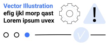 Bir dişli dahil soyut simgeler, bir üçgen içinde ünlem işareti, ve bir çember içinde işaretleme rastgele metin ve satırların yanında görünür. Web tasarımı, UIUX, teknoloji, bilgi grafikleri, sunumlar için ideal