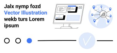 Verileri gösteren bir bilgisayar ekranı, iğneli ağ küresi, bağlantı hatları. Pazarlama, küresel erişim, ağ, veri analizi, teknoloji iletişim işi için ideal. İniş sayfası