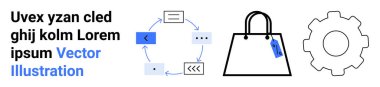 Fiyat etiketli alışveriş çantası, ayarlar için vites sembolü ve bir döngüdeki kullanıcı arayüzü ögeleri. Teknoloji, üretkenlik, otomasyon, perakende, çevrimiçi alışveriş, geliştirme düz iniş sayfası için ideal