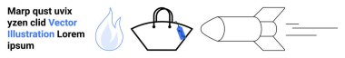 Alev damlası, damlacık dizaynlı minimalist çanta ve hareketi ve hızı simgeleyen bir roket. Yenilik için ideal, sürdürülebilirlik, seyahat, yaratıcılık, markalaşma, tasarım düz iniş sayfası