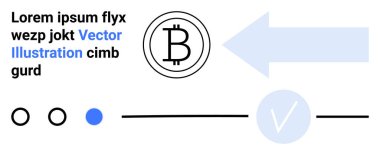 Etrafında metin olan bitcoin sembolü, sağı gösteren büyük mavi bir ok, mavi daire işareti ve daha küçük daireler. Fintech, döviz kurları, engelleme teknolojisi, kripto yatırımları için ideal