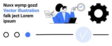 Dişliler, düğmeler ve dizüstü bilgisayarla saati gösteren bir kadın. Üretkenlik, teknoloji, iş planlaması, zaman yönetimi, organizasyon görevi verimlilik temaları için idealdir. İniş