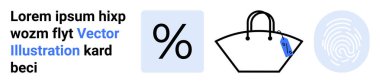 Etiketli alışveriş çantası, indirimler için yüzde işareti biyometrik güvenlik için parmak izi, metin ögesi. Alışveriş, indirim, kimlik doğrulama, e-ticaret, fintech güvenlik perakende dijital satış için ideal