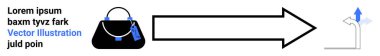 Bir tarafında etiketler olan siyah bir çanta, yukarı doğru giden mavi işaretli bir yörüngeyi gösteren büyük bir ok. E-ticaret, büyüme stratejisi, iş ilerlemesi, perakende gelişimi ve gelecek için ideal
