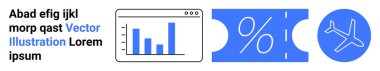 Ekranda bar grafiği, yüzde simgesi ve uçak sembolü olan indirim bileti. Veri görselleştirme, e-ticaret, seyahat anlaşmaları, gider yönetimi, promosyonlar, reklam soyut düz çizgi için ideal