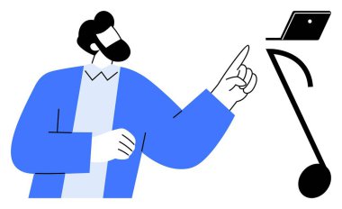 Mavi ceketli, sakallı bir adam dizüstü bilgisayarı işaret ediyor. Teknoloji, rehberlik, akıl hocalığı, iletişim, eğitim, uzaktan çalışma ve dijital eğitim için ideal. Soyut çizgi düz metafor