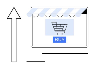 Çizgili tententenin altında dijital alışveriş arabası var, yukarı doğru büyük ok gelişmeyi veya ilerlemeyi simgeliyor. E-ticaret, satış artışı, iş büyümesi, çevrimiçi perakende, dijital pazarlama için ideal