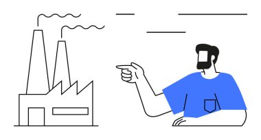 Mavi gömlekli bir adam bacalı bir fabrikayı işaret ediyor. Endüstri için ideal, fabrikalar, kirlilik, yön, liderlik, rehberlik, yorum. Soyut çizgi düz ile minimalist biçim