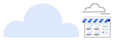 Mavi bir tentenin altındaki bir internet sayfasının yanında bulut simgesi. E-ticaret, çevrimiçi alışveriş, teknoloji, dijital pazar yeri, veri depolama, bulut bilgisayarı, web sunucusu için ideal. Soyut çizgi