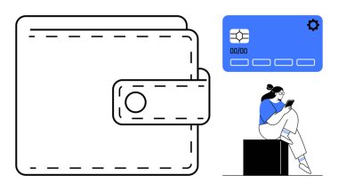 Bir kadın oturuyor, cep telefonunda büyük cüzdan ve kredi kartı ikonlarının yanında geziniyor. E-ticaret, çevrimiçi alışveriş, dijital ödemeler, finansal planlama, mobil bankacılık, fintech uygulamaları, bankacılık için ideal