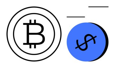 Siyah çemberdeki Bitcoin sembolü mavi çemberdeki dolar işaretiyle çelişiyordu. Oklar hareketi ya da geçişi gösteriyor. Finans, kripto para birimi, ticaret, ekonomi, yatırım, dijital para birimi için ideal