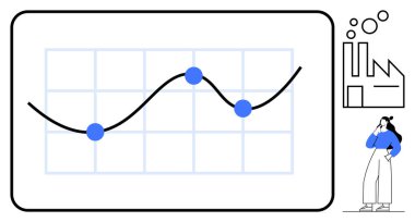 Şebeke arka planında mavi veri noktaları olan siyah çizgi grafiği, fabrika ve grafik tasarlayan kişi. Analiz, endüstri eğilimleri, iş büyümesi, veri görselleştirmesi, performans izleme için ideal