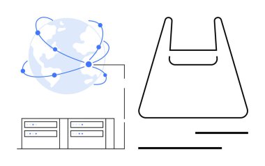 Hatlar, sunucular ve plastik torba hatlarıyla bağlanmış bir dünya. Dijital bağlantı için ideal, küresel iletişim, veri alışverişi, çevre bilinci, plastik kirliliği, teknoloji