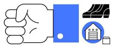 İş elbisesi illüstrasyonunda soyut kapalı yumruk, depo ikonu, ürün adımları ve ambalaj. Lojistik, yönetim, tedarik zinciri, verimlilik, iş kararları, takım çalışması operasyonları için ideal