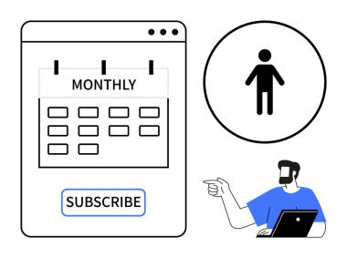 Aylık yerleşim planına sahip takvim ve takvimi gösteren dizüstü bilgisayar kullanan kişi simgesi ve adamı abone yap. Üyelik, zamanlama, zaman yönetimi, müşteri ilişkileri için ideal, çevrimiçi