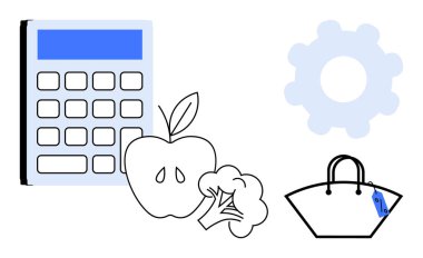 Hesap makinesi, elma, brokoli, dişli ve fiyat etiketli alışveriş çantası. Bütçe, sağlık, alışveriş ekonomisi sağlıklı mali yönetim konuları için idealdir. Soyut çizgi düz metafor