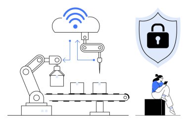 Bağlantı sinyalleri, güvenlik kilidi kalkanı, tablet kullanan kişi, konveyör bandındaki kutuları bulut altında birleştiren robot kol. Akıllı imalat, siber güvenlik, otomasyon için ideal.