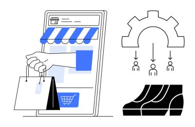 Akıllı telefon ekranından mağaza önü grafikleri, kullanıcı akış diyagramı ve bar çizelgesiyle el ele tutuşan çantalar. E-ticaret, çevrimiçi alışveriş, kullanıcı deneyimi, perakende, dijital için ideal