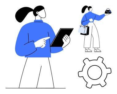 Kadının elinde dijital tablet, alışveriş poşetleri ve küresi olan başka bir tablet, vites simgesi ayarları sembolize ediyor. E-ticaret, çevrimiçi alışveriş, teknoloji, dijital pazarlama, iş dünyası, modern yaşam tarzı için ideal