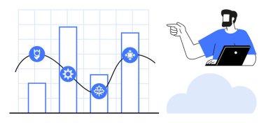 Mevsimlik simgelerle dolu bar tablosu, verileri analiz eden dizüstü bilgisayarı olan trend çizgisi insanı. Veri analizi, iş stratejisi, mevsimsel eğilimler, sunumlar, araştırma, teknoloji eğitimi için ideal