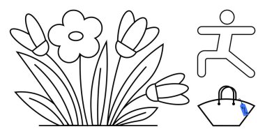 Üç çiçekli ve yapraklı bir buket, koşan bir figür ve etiketli bir el çantası. Doğa temaları, yaşam tarzı kavramları, fitness, alışveriş, rahatlama, sağlık ve soyut çizgi için ideal