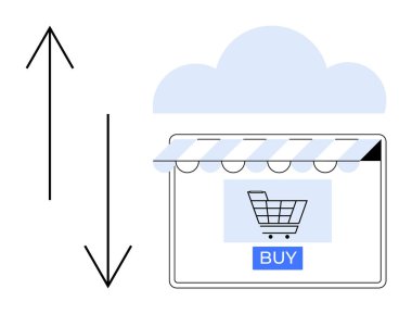 Alışveriş arabası simgesi ekranda, mağaza önü güneşliği ve bulut simgesinin altındaki satın alma düğmesiyle. Yukarı ve aşağı oklar veri transferini ve e-ticaret işlemlerini gösteriyor. E-ticaret ve online alışveriş için ideal.