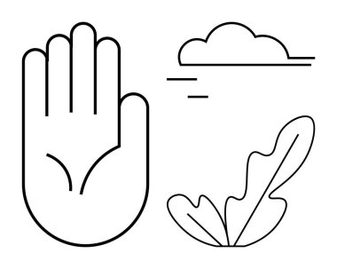 Çizilmiş el hareketi, biçimlendirilmiş bulut ve minimalist yaprak. Tedbir, barış, doğa koruma, farkındalık, basitlik, sınırlar ve ekolojik farkındalık gibi konular için ideal