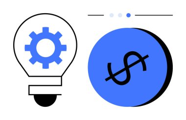 İçinde dişli olan ampul yenilik ve teknolojiyi simgeler. Mavi çemberin içindeki dolar sembolü finansal verimliliği temsil ediyor. İş stratejisi, teknoloji, finans, girişimler ve yatırım için ideal