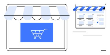 Çizgili tenteli ve ekranda büyük alışveriş ikonu olan bir mağaza penceresi. İkinci ekran ürün küçük resimlerini ızgara düzeninde gösterir. E-ticaret için ideal, çevrimiçi alışveriş, perakende satış işi, dijital mağaza
