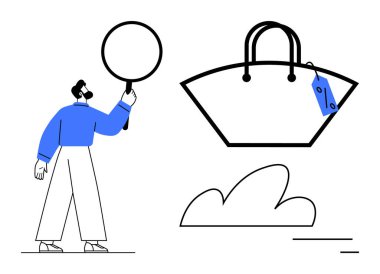 Elinde büyüteç olan bir adam, üzerinde fiyat etiketi olan büyük bir el çantasını inceliyor. Pazar analizi, alışveriş anlayışı, ürün değerlendirmesi, tüketici araştırmaları, perakende eğilimleri, e-ticaret, soyut çizgi