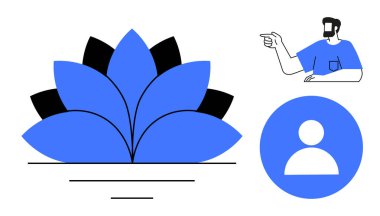 Mavi ve siyah nilüfer çiçeği, sağı gösteren sakallı adam, dairesel kullanıcı profili ikonu. Sağlık, liderlik, farkındalık, dijital kimlik, kişisel büyüme rehberliği için ideal. Soyut