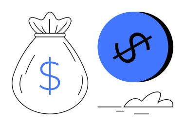 Dolar işaretli para çantası, içinde dolar sembolü olan büyük mavi para, altında küçük bulut. Mali planlama, tasarruflar, yatırımlar, ekonomik büyüme, zenginlik yönetimi, işletme için ideal