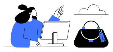 Bir kadın bulutu işaret ediyor, bilgisayarla uğraşıyor, fiyat etiketli bir çanta tasarlıyor. Çevrimiçi alışveriş, teknoloji, e-ticaret, bulut hizmetleri, dijital çalışma alanı, perakende tüketici davranışı için ideal