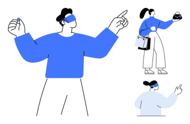 Bireyler artırılmış gerçeklikle etkileşime giriyor, biri işaret ediyor, diğeri alışveriş yapıyor, diğeri de masa başında. Teknoloji, yenilik, dijital etkileşim, gelecekteki eğilimler, yaşam tarzı tüketici davranışı için ideal