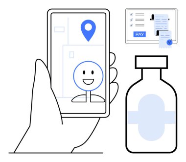 Harita uygulamalı akıllı telefon, ekranda gülen surat, aşı şişesi ve ödeme detaylarıyla dolu makbuz. TeleHealth, e-reçete, temassız ödeme, destek, dijital sağlık hizmetleri için ideal