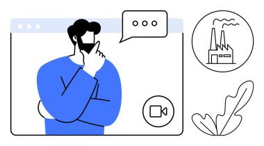 Mavi tişörtlü sakallı adam konuşma balonu, video çağrı penceresi, fabrika ve yaprak ikonları. Uzak çalışma, sanal toplantılar, sanayi analizi, iletişim ve çevrimiçi işbirliği için ideal