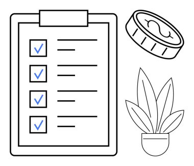 Bir dolarlık madeni paranın yanında tamamlanmış dört görev ve bir çömleğin içine yerleştirilmiş kontrol listesi. Üretkenlik, finans, hedef belirleme, organizasyon, planlama, bütçe ve başarı için ideal. Soyut çizgi