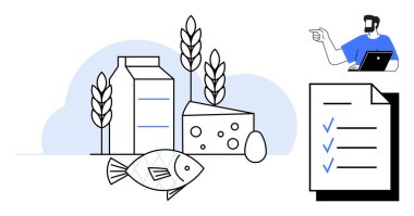 Süt ürünü, balık, peynir, yumurta ve buğday yumuşak arka plana karşı. Masasında dizüstü bilgisayarı ve işaret eden eli olan bir danışman. Üzerinde mavi kene izleri olan bir liste. Sağlıklı yemek ve beslenme planı için ideal.