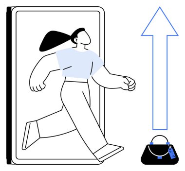 Kadın akıllı telefondan, yukarı doğru ok ve el çantasından çıkıyor. Çevrimiçi alışveriş, dijital büyüme, e-ticaret eğilimleri, mobil ticaret, dijital dönüşüm, perakende teknoloji tüketicisi davranışı için ideal