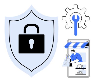 Kilitli kalkan, ingiliz anahtarlı güvenlik teçhizatını sembolize ediyor. Bakım elemanlarının online alışveriş yapması e-ticareti öneriyor. Siber güvenlik, web sitesi bakımı, online alışveriş, e-ticaret için ideal
